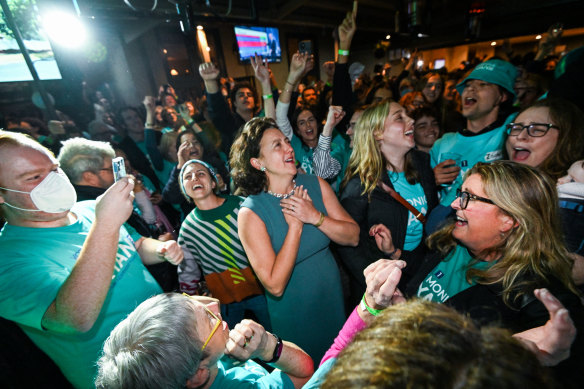 Teal independent Monique Ryan at Hawthorn’s Auburn Hotel on election night. 