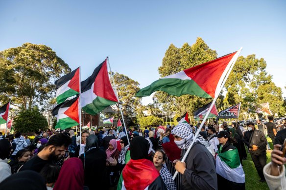 Pro-Palestine supporters outside Wyndham’s council chambers in Werribee on Tuesday night.