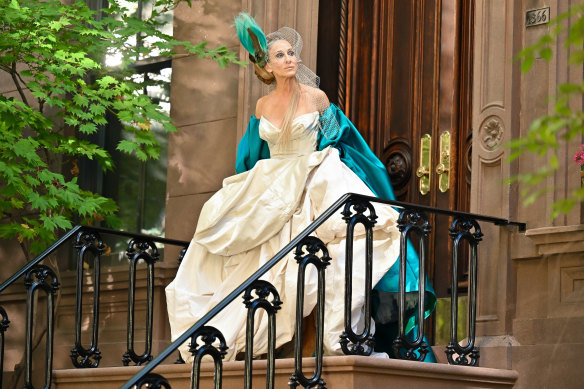 Couture comeback ... Sarah Jessica Parker, as Carrie Bradshaw, during filming of And Just Like That.
