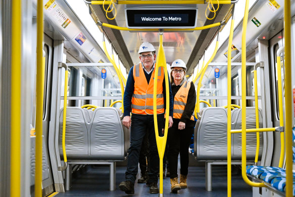 Premier Daniel Andrews and Deputy Premier Jacinta Allan inspecting one of the new trains set to run through the Metro Tunnel.