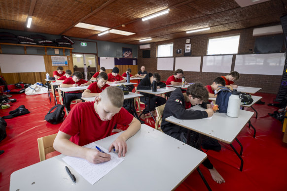 The classroom has a padded floor because it doubles as the gym.