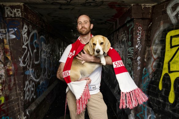 Jack O’Donnell and Charlie, his dog, are in some ways representative of a new breed of Swans fans.