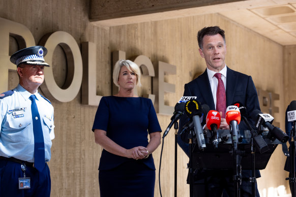 NSW Premier Chris Minns, pictured with Police Minister Yasmin Catley and Assistant Commissioner Tony Cooke, provided an update on the incident at Bondi Junction, at Surry Hills Police Centre. 