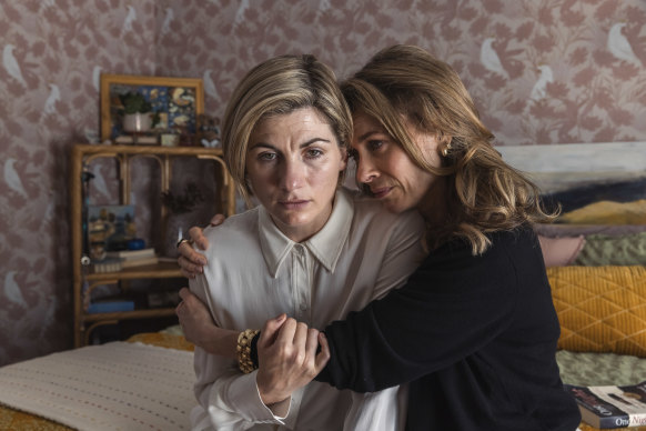 “Playing someone who’s so well rehearsed in their containment is not something that I’ve explored,” says Jodie Whittaker (left, with Kat Stewart) of her role in One Night.