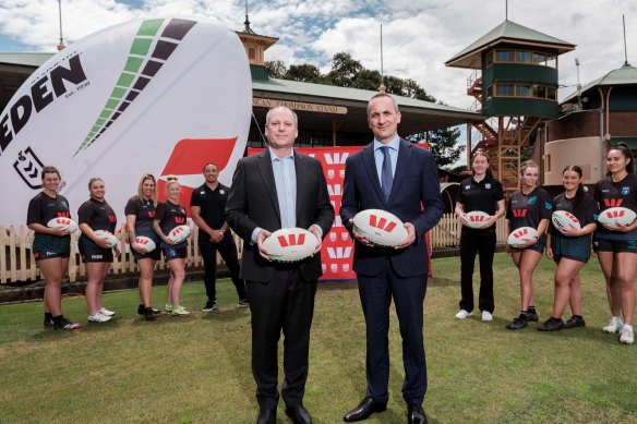 Westpac CEO Peter King and NRL CEO Andrew Abdo at North Sydney Oval to launch the bank’s sponsorship deal.