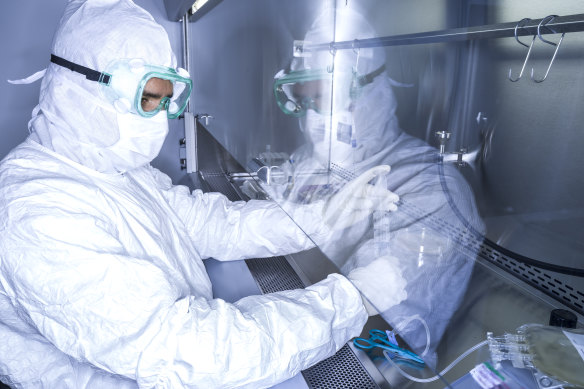 A scientist at Novartis’s cell processing facility in New Jersey, where the T cells of cancer patients are processed and turned into super cells.