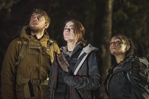 Harry Greenwood, Alexandra Park and Sisi Stringer are tracked by a terrifying creature  in Carnifex.