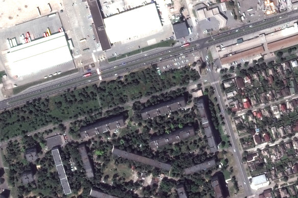 The apartment buildings pictured before the Russian invasion, in June 2021.