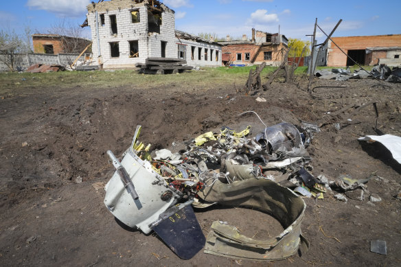 Fragments of a Russian missile lie on the ground in Fastov, south of Kyiv.