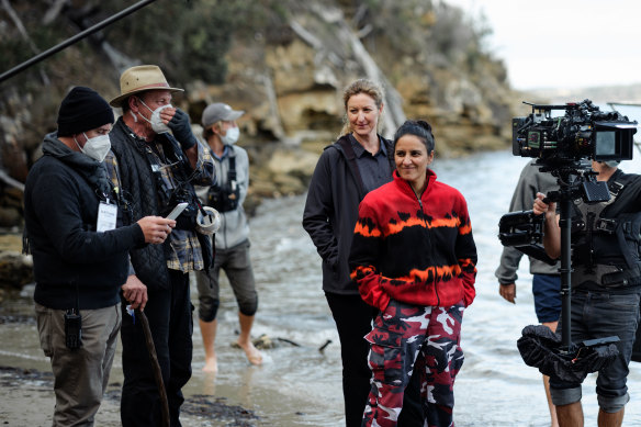 Kate Box and Madeleine Sami (centre) on the Deadloch set. Like many recent Australian dramas, it is available on streaming only.