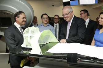 Prime Minister Scott Morrison and Health Minister Greg Hunt visit the Icon Cancer Centre in Canberra in April.