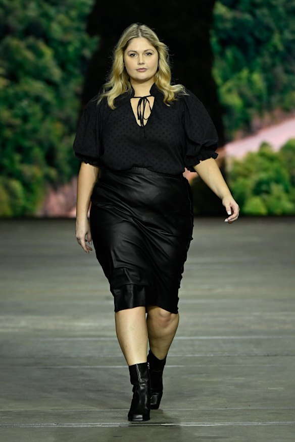 Model Sarah Kelly appears in The Curve Edit show at Australian Fashion Week in May, wearing an outfit from Harlow.