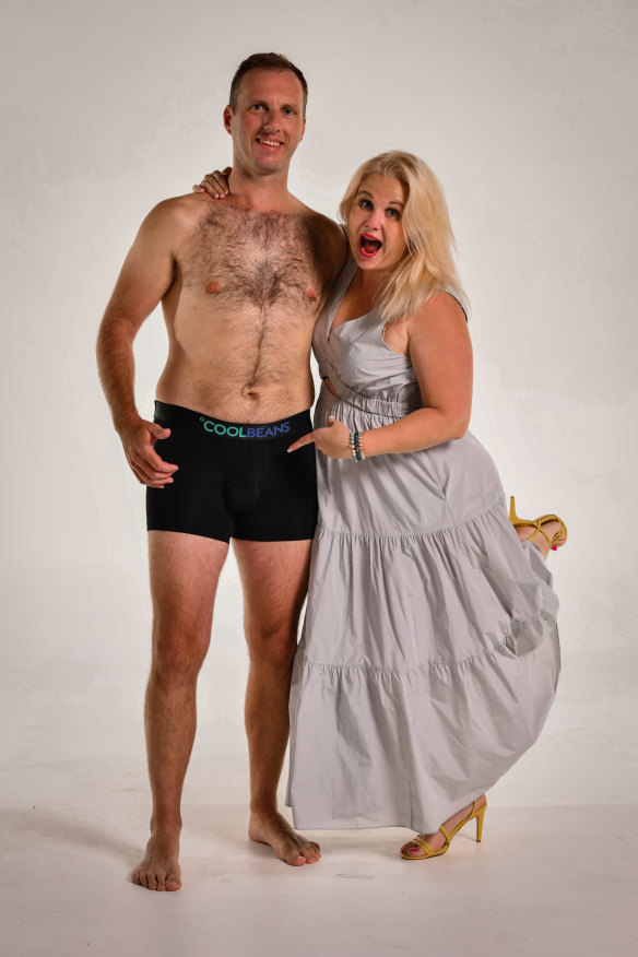 Jordan Jamieson wearing Cool Beans undies, the end result of DIY testicle-cooling optimisation he conducted while trying for a baby with wife Saara (right).