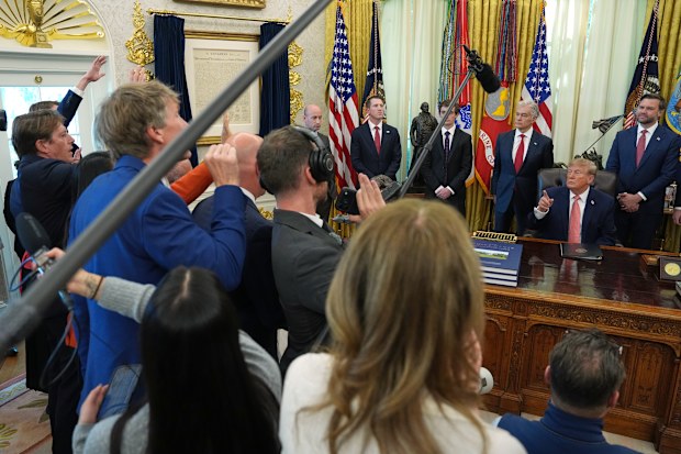 President Donald Trump speaks in the Oval Office of the White House.
