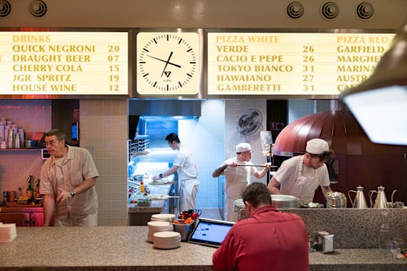 The wood-fired oven was imported from Italy, but pizzas are in the “Tokyo stretch” style.