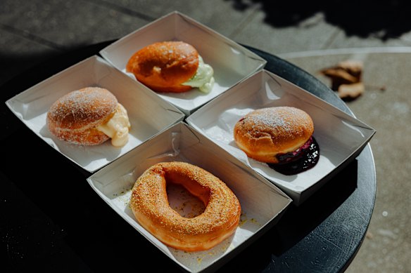 Chicken salt and thyme, vanilla bean pastry cream, jam-and-cream and pesto-and-feta-filled donuts.