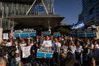 Striking workers outside Nine’s offices in Melbourne on Friday.