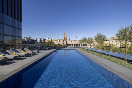 Le Splash rooftop pool overlooks the city skyline.