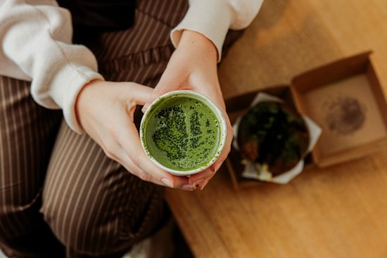 Matcha latte and matcha muffin at Cre Asion, located in North Sydney (pictured) and Pyrmont.