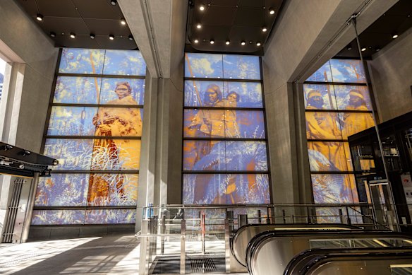 State Library Station features artwork by Danie Mellor, based on historic photos of Wurundjeri Woi Wurrung women from library archives.