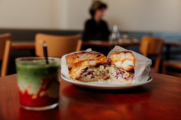 The poached chicken sandwich and rhubarb matcha at Angus.