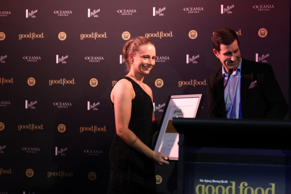 Julie Niland accepts the Oceania Cruises Chef of the Year Award on behalf of her husband Josh Niland.