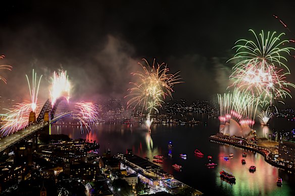 The midnight New Year’s Eve fireworks, seen from Circular Quay.