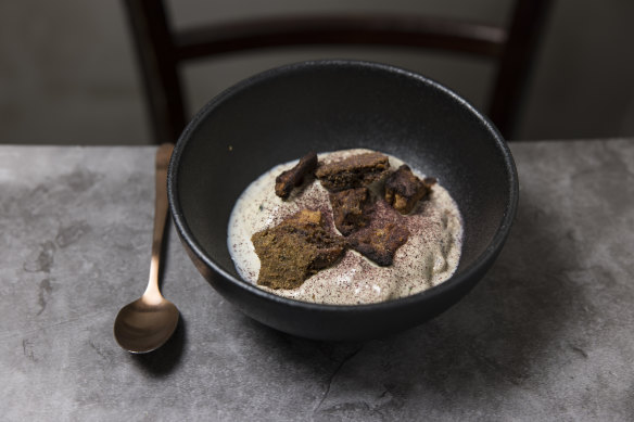 Black sesame parfait with smoked macadamia.