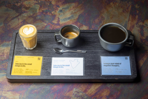 The coffee flight at Saazaa Coffee.