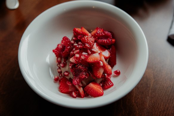 Cultured chocolate cream with red fruit.