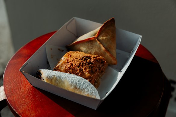 Date shortbread, biscoff baklava and spinach triangle.