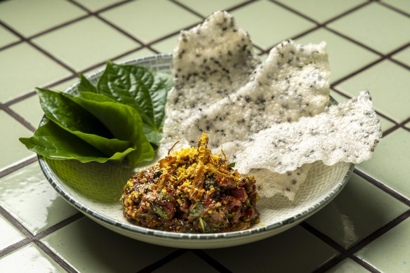 Wagyu tartare with betel leaves.