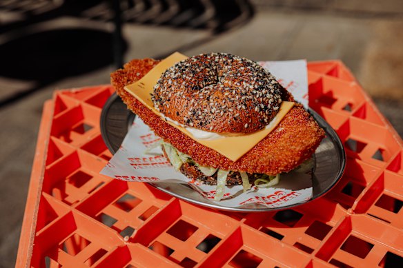 The formidable chicken schnitzel bagel.