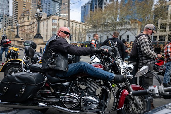Motorcycle riders protesting the state of Victoria’s roads after Peter Mason, 71, died when his motorbike hit a pothole near Ballarat this week.