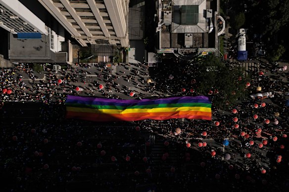 People carry a giant rainbow flag during the annual Pride Parade in Sao Paulo, Brazil.