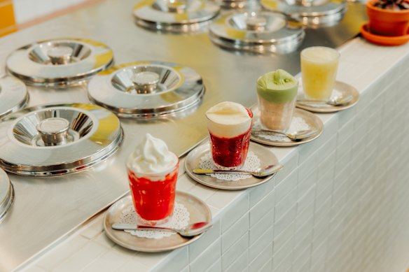 Mapo’s granita, from left: Watermelon-lime, blackberry, almond and lemon. 