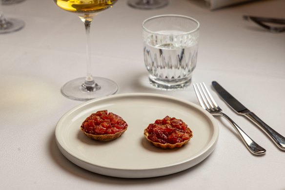 Bluefin tuna and fermented porcini mayonnaise in a rye tartlet.
