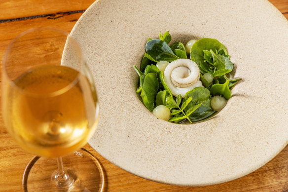 Steamed garfish in a fish-and-chicken broth surrounded by spring shoots and leaves.