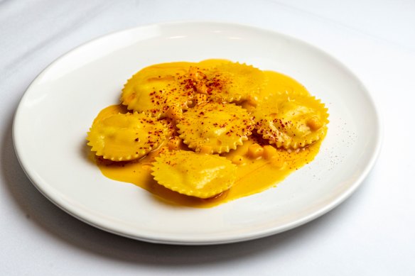 Spanner crab ravioli with pumpkin bisque.