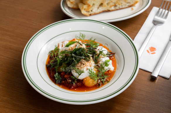 Peri peri chilli eggs at Rombe include heirloom tomatoes and herbs from the rooftop garen.