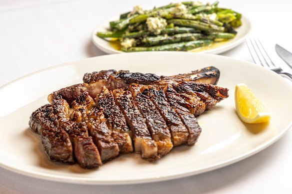 Chauvel citrus-fed wagyu rib-eye steak, pictured with a side of beans with tarragon and feta.