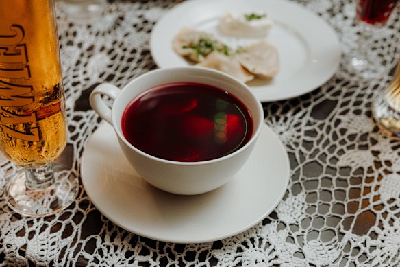Beetroot soup with meat-filled dumplings.