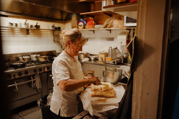 Halina making the fresh vanilla slice.