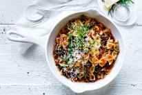 Neil Perry’s farfalle with sausage, fennel and beans.