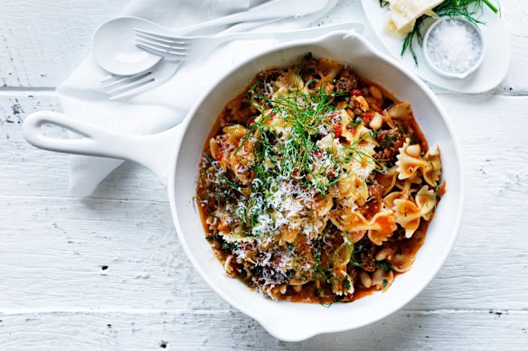 Neil Perry’s farfalle with sausage, fennel and beans.