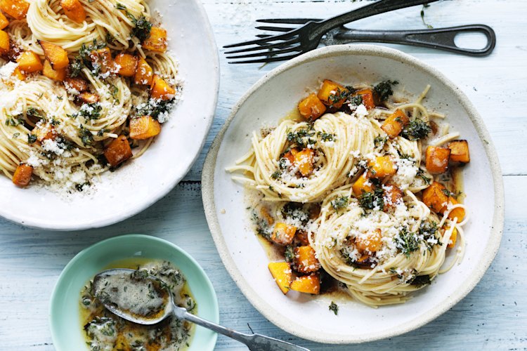 Adam Liaw's spaghetti with pumpkin, thyme and brown butter recipe.