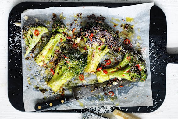 Spritz broccoli with olive oil before roasting with chilli, garlic and parmesan.