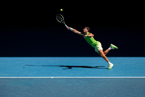 Spain’s Carlos Alcaraz in action in the men’s singles semi-final against Alexander Zverev of Germany on day 13 of the Australian Open.