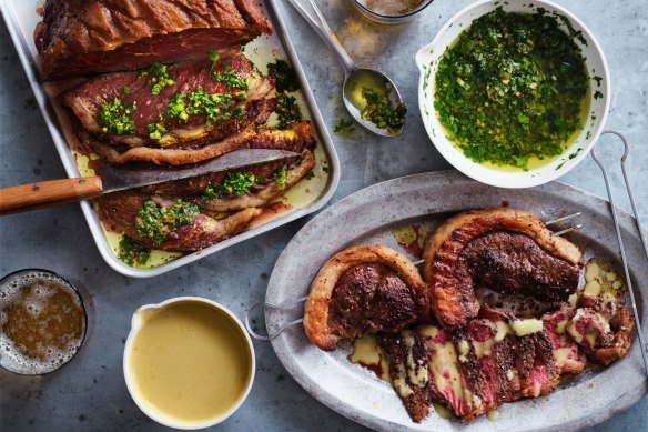 Rump cap with bagna cauda sauce (below) and Asian chimichurri (right).