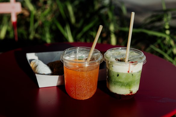 Iced yensoon tea, iced plum pistachio matcha, date shortbread, spinach triangle, and biscoff baklava.
